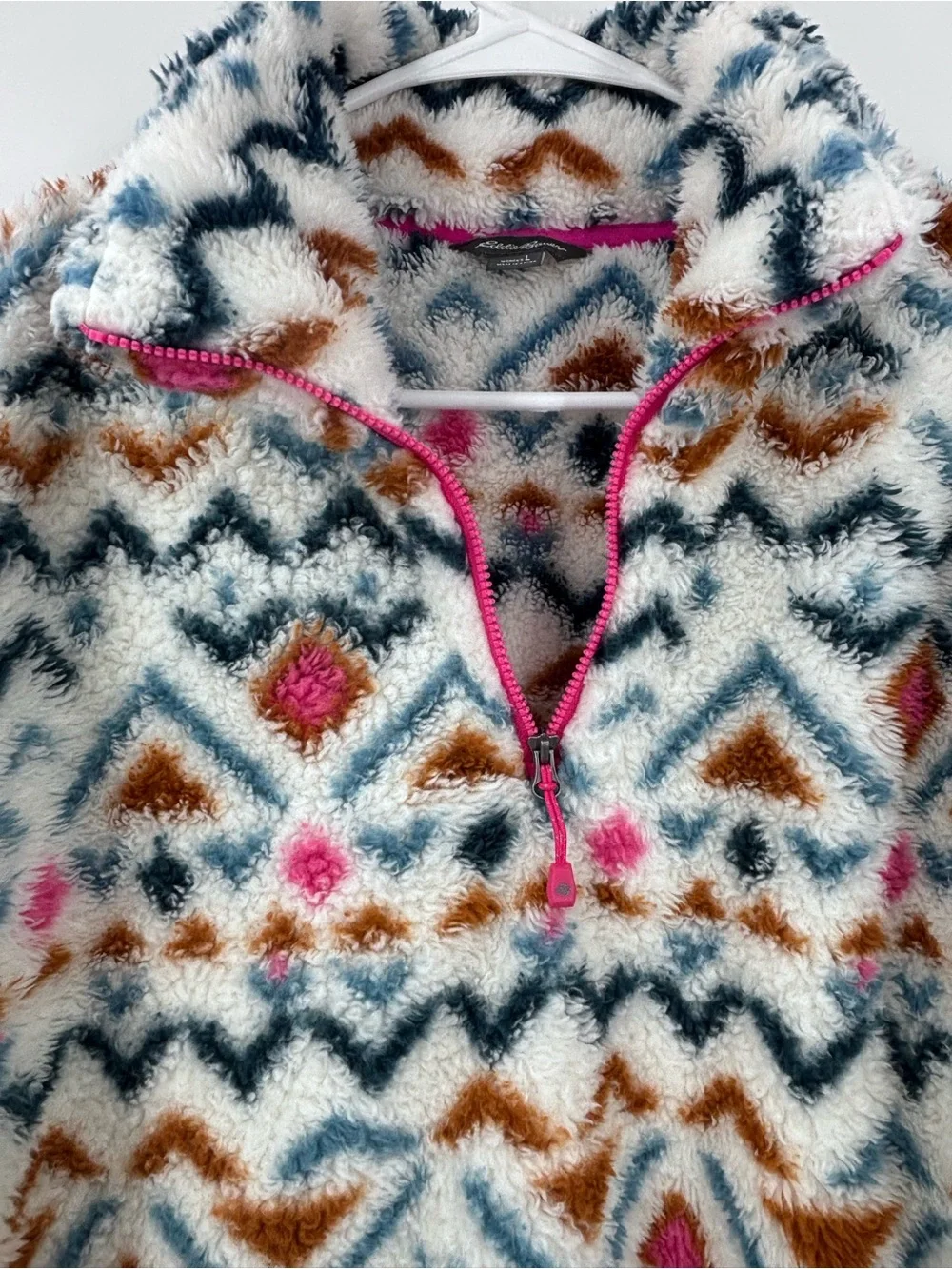 Eddie Bauer Cream Fuzzy Pullover with Brown, Navy & Pink Pattern